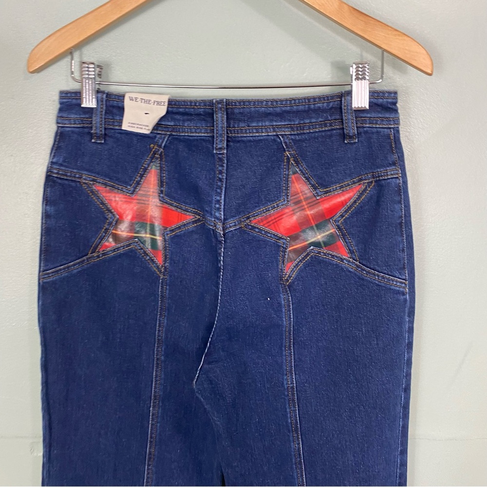 Free People Firecracker Jeans Holiday Tartan Stars Blue Plaid Size 30 - Picture 5 of 8